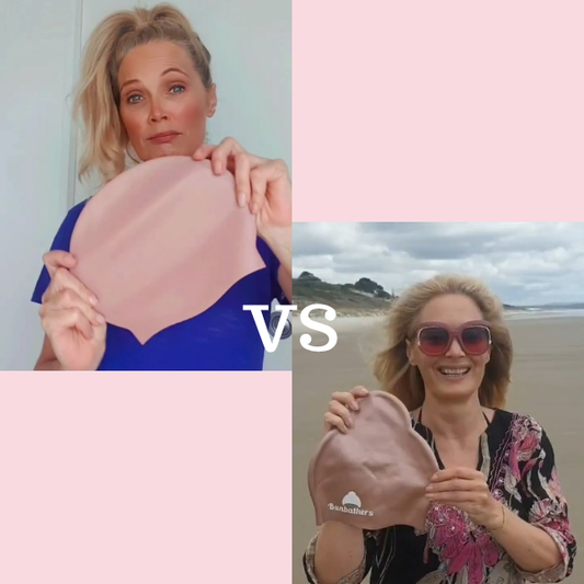 Melissa holding regular swim cap versus a Bunbathers ponytail swim cap which keeps hair dry
