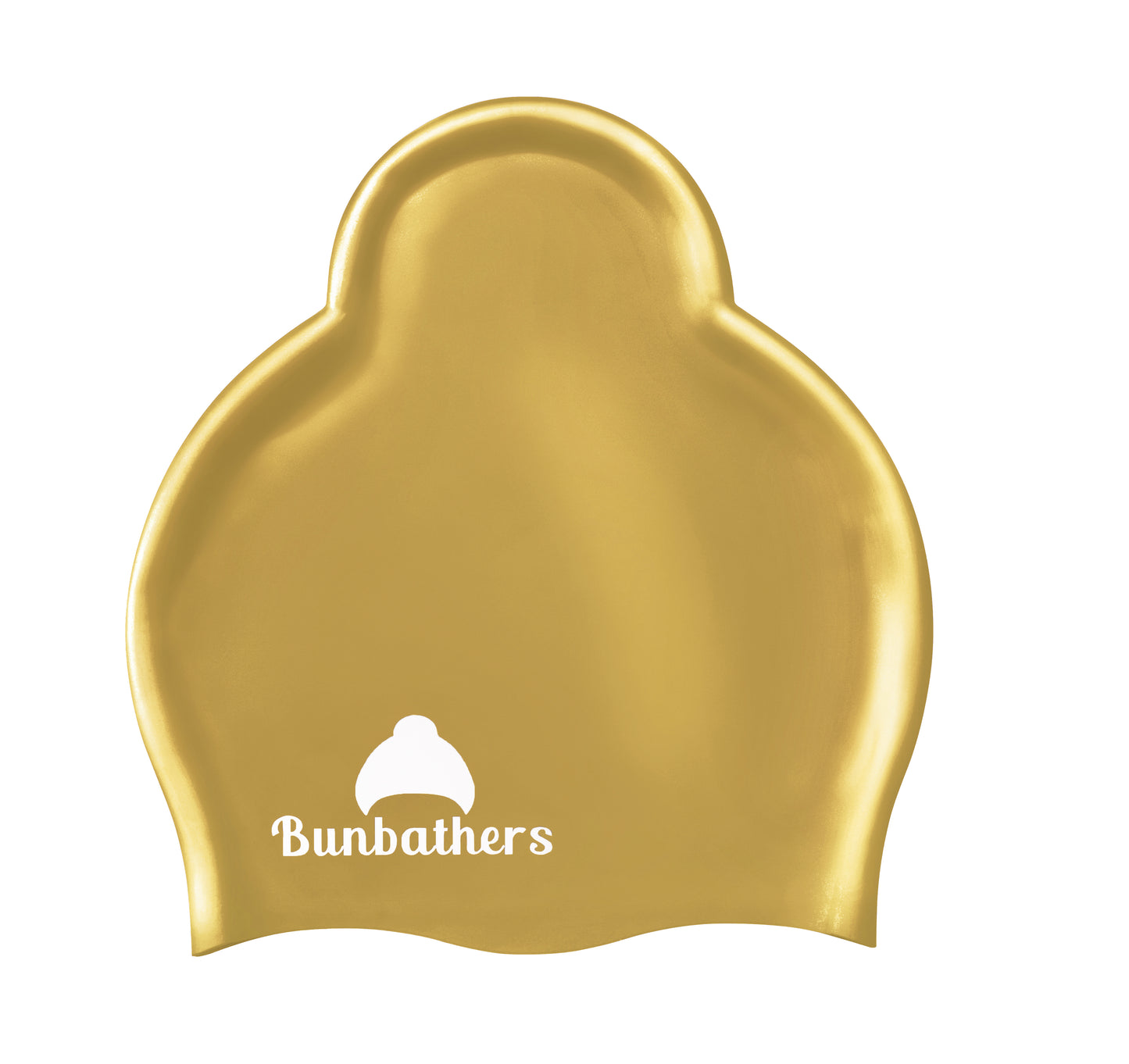 Metallic gold Bunbathers ponytail swim cap to keep long hair dry