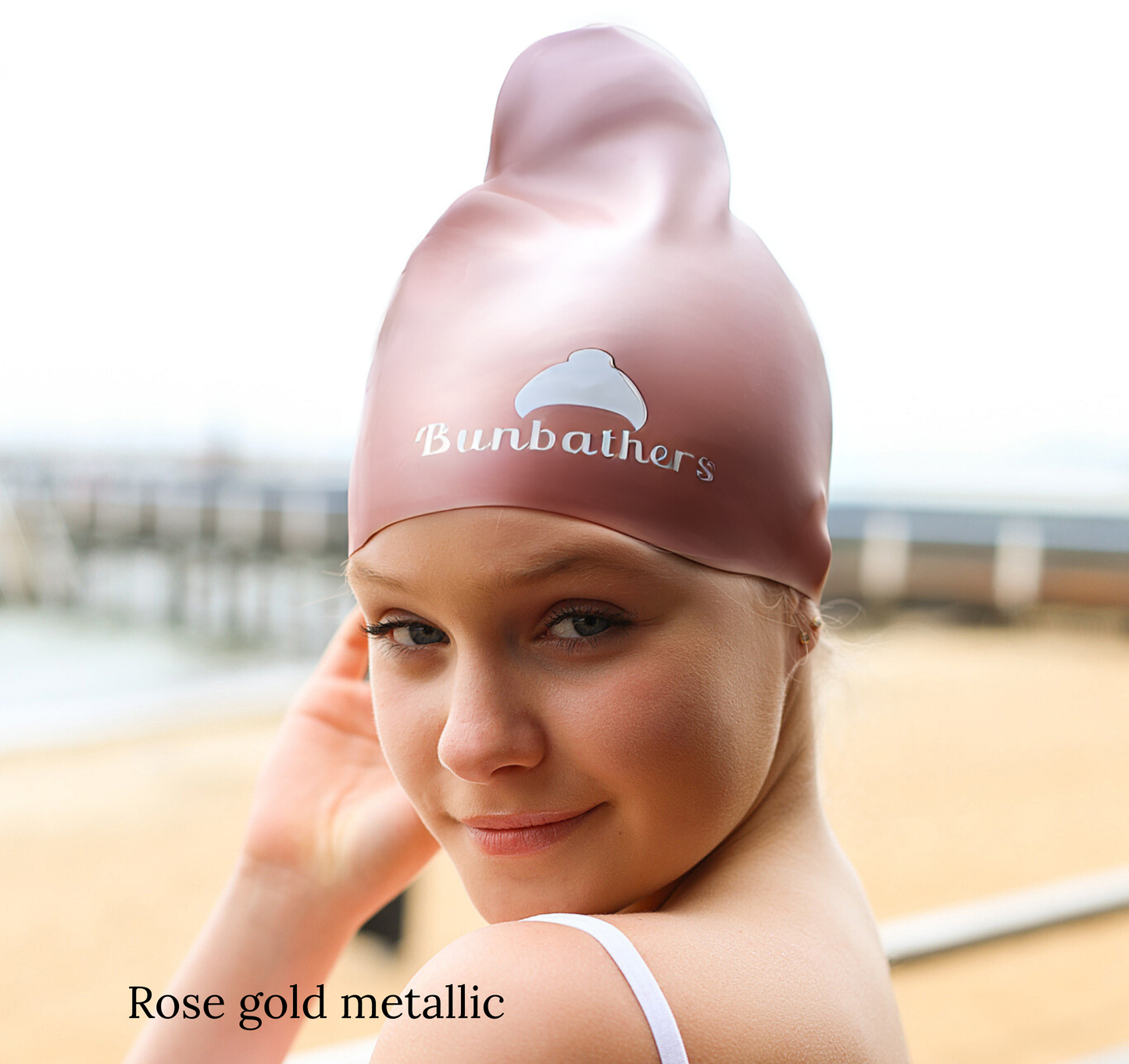 comfortable swim cap for long hair in rose gold | Bunbathers