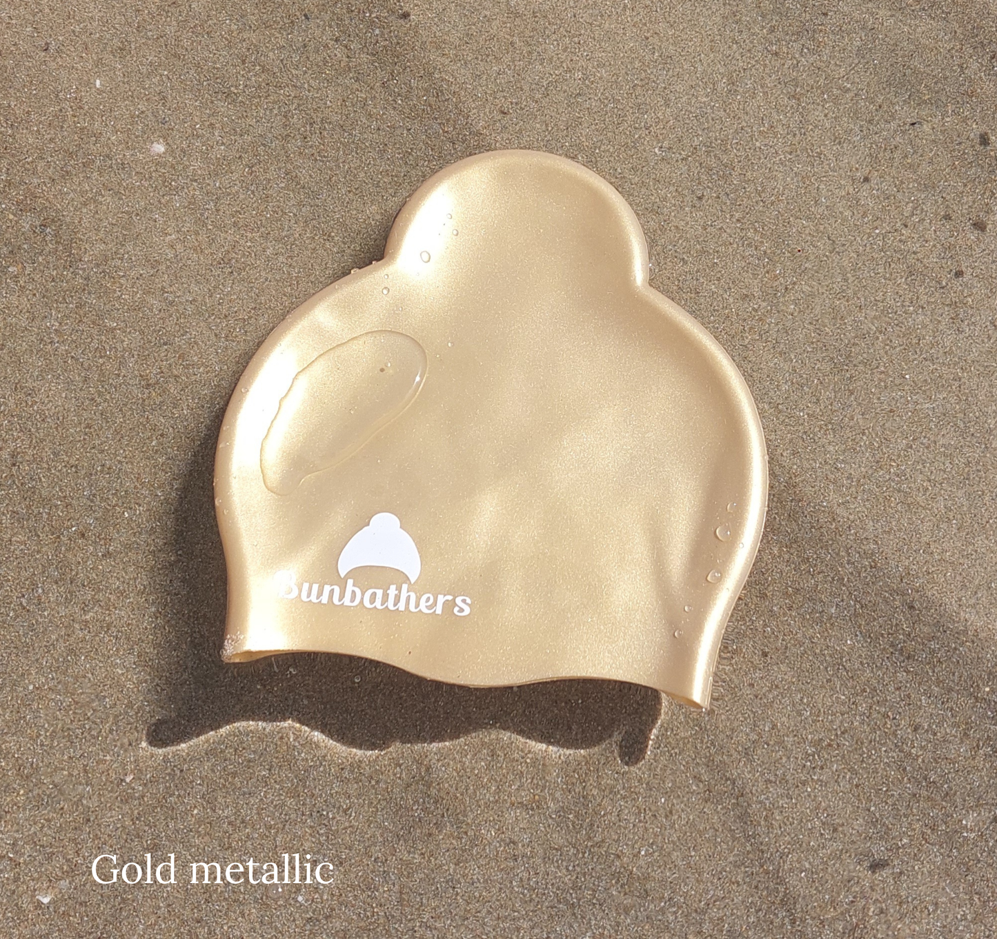 Gold metallic swim cap that protects long hair while swimming | Bunbathers