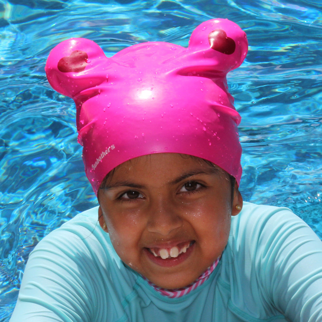neon pink kids long hair swim cap