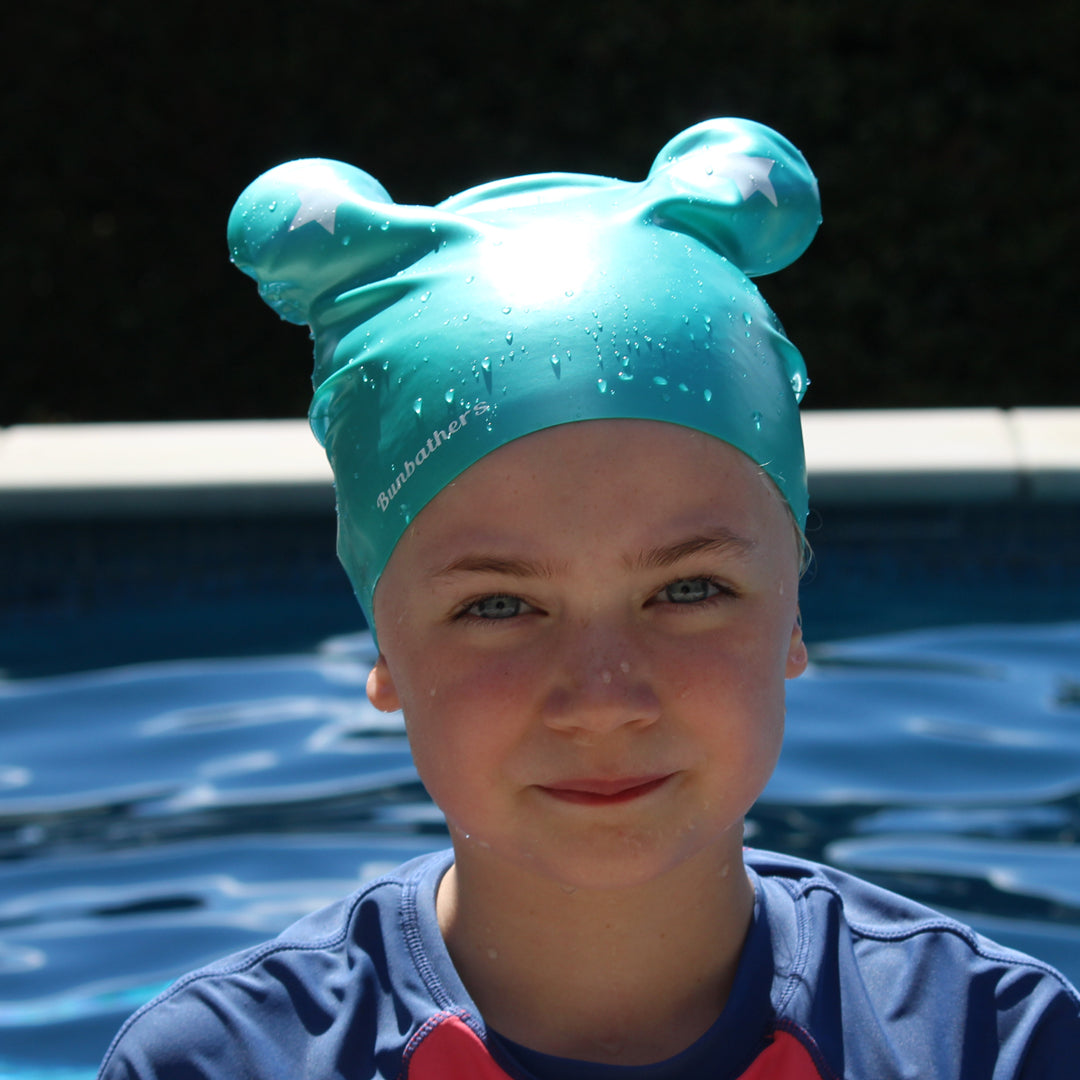 turquoise star long hair kids swim cap