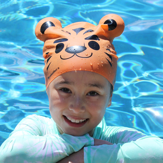 Tiger swim kids long hair swim cap