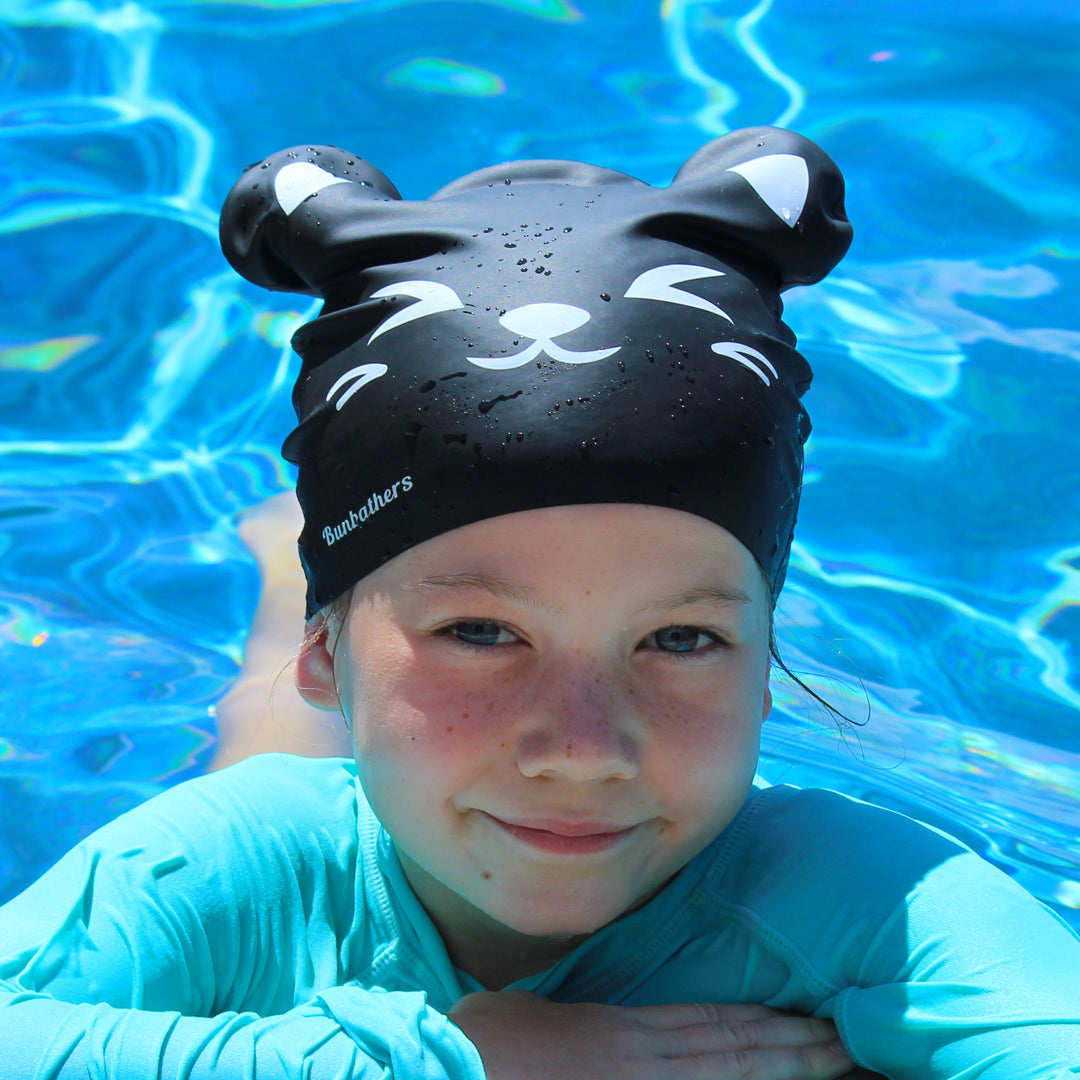 Cat kids long hair swim cap